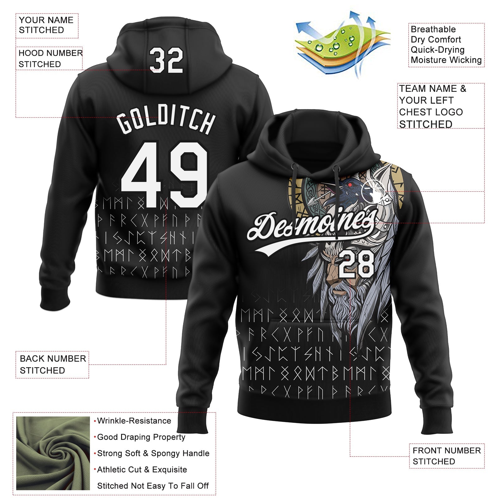 Custom Stitched Black White Viking Pattern Pullover Sweatshirt Hoodie view 4