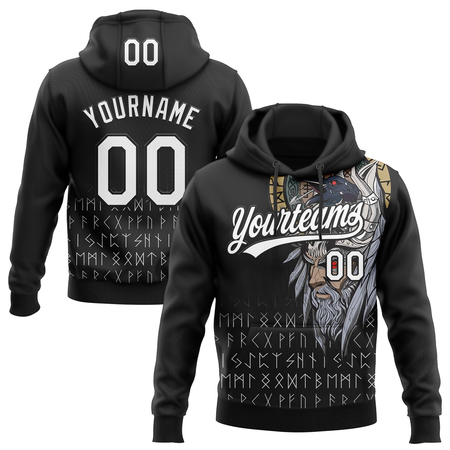 Custom Stitched Black White Viking Pattern Pullover Sweatshirt Hoodie - Main View