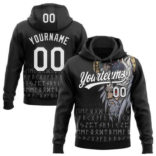 Custom Stitched Black White Viking Pattern Pullover Sweatshirt Hoodie - Main View