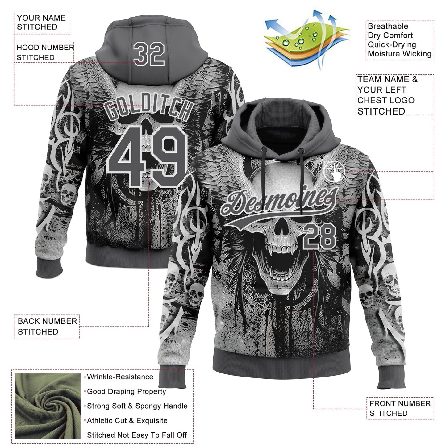 Custom Stitched Steel Gray Black-White Skull Pattern Pullover Sweatshirt Hoodie view 4