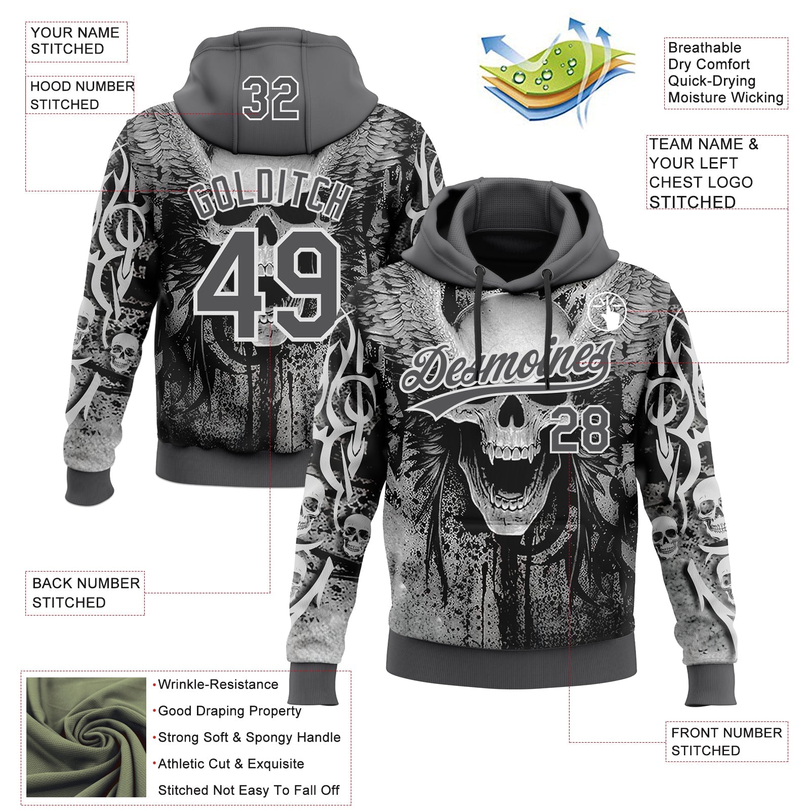 Custom Stitched Steel Gray Black-White Skull Pattern Pullover Sweatshirt Hoodie view 4