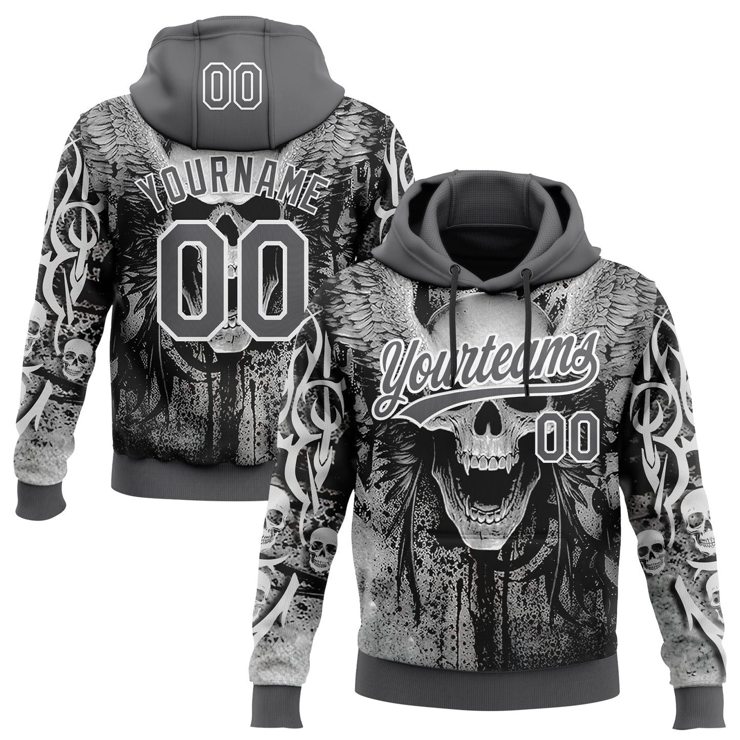 Custom Stitched Steel Gray Black-White Skull Pattern Pullover Sweatshirt Hoodie - Main View