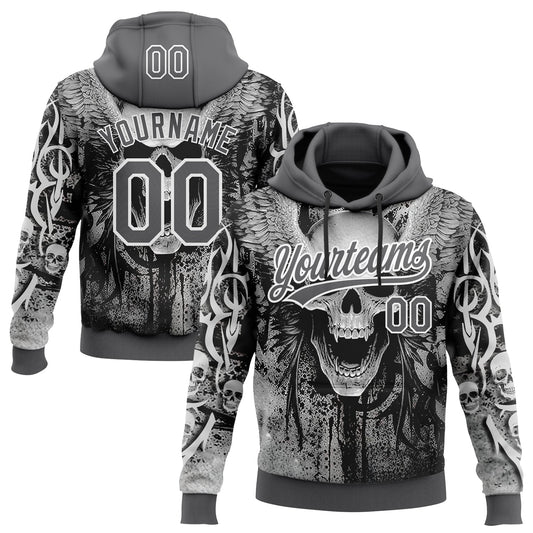 Custom Stitched Steel Gray Black-White Skull Pattern Pullover Sweatshirt Hoodie - Main View