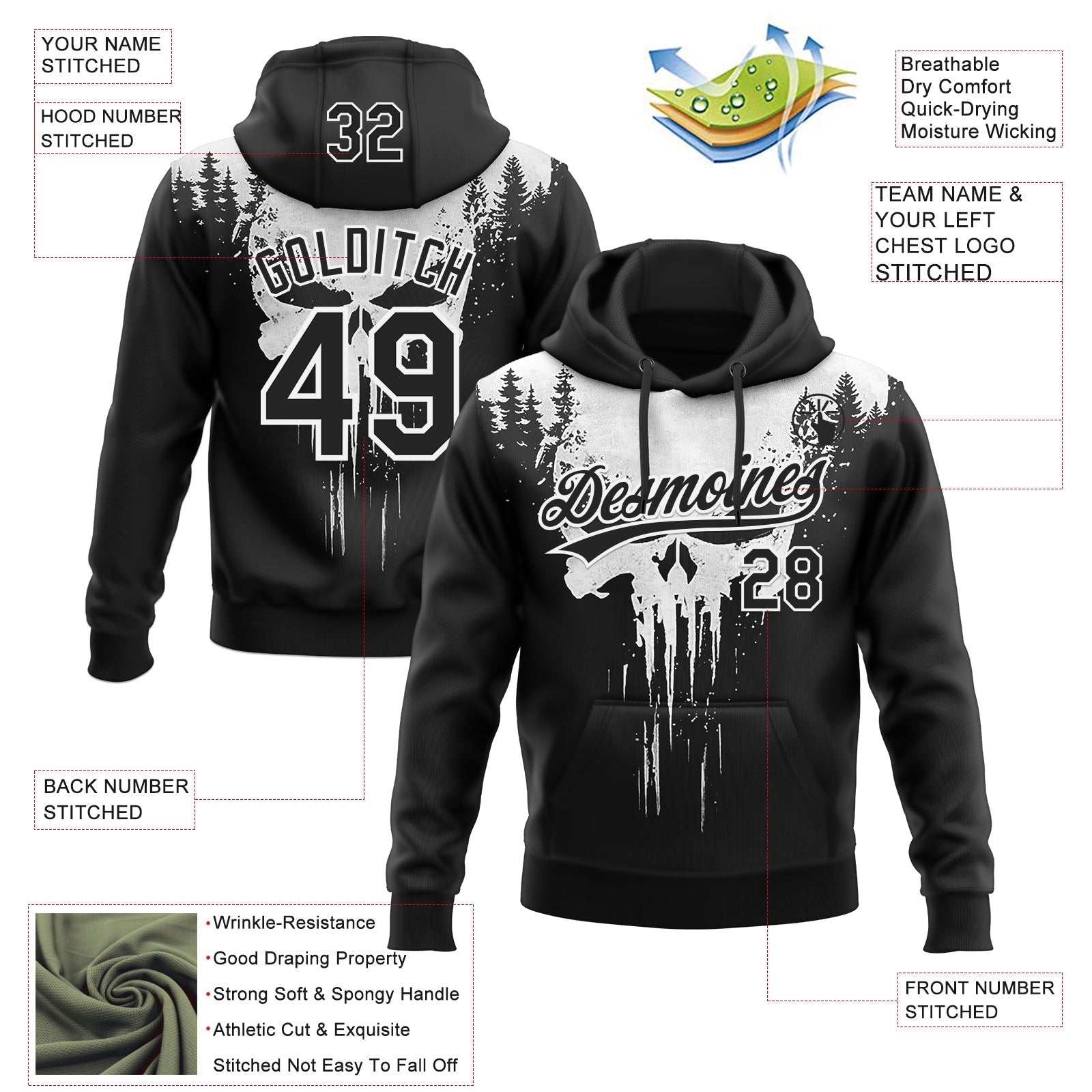 Custom Stitched Black White Skull Pattern Pullover Sweatshirt Hoodie view 4