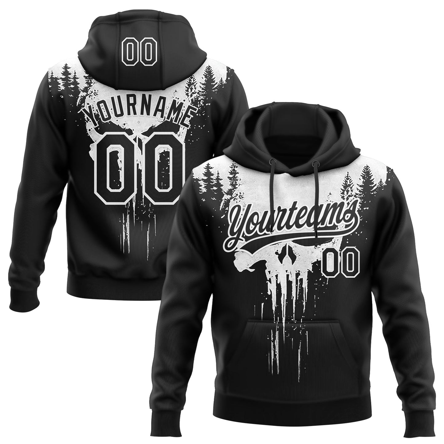 Custom Stitched Black White Skull Pattern Pullover Sweatshirt Hoodie - Main View