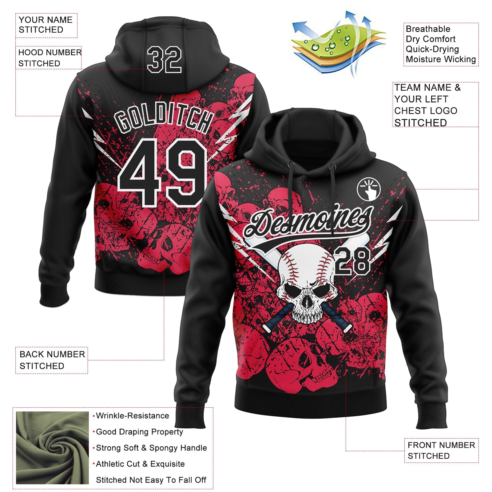 Custom Stitched Black Neon Pink-White Skull Pattern Pullover Sweatshirt Hoodie view 4