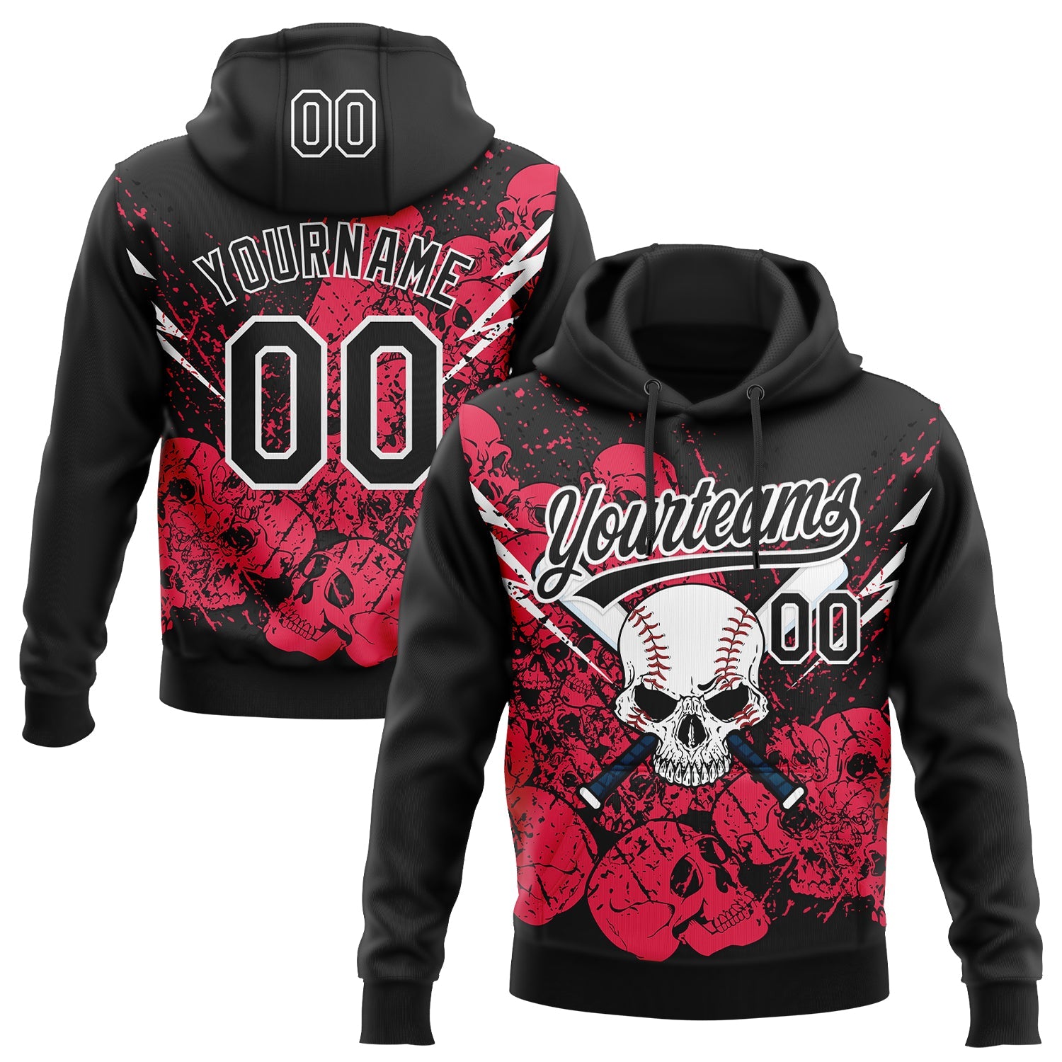 Custom Stitched Black Neon Pink-White Skull Pattern Pullover Sweatshirt Hoodie - Main View