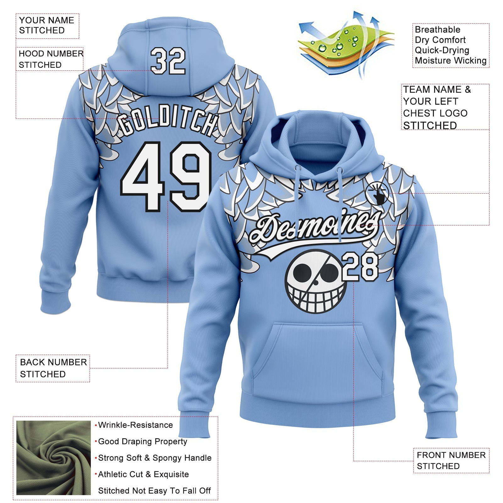 Custom Stitched Light Blue White-Black Skull Pattern Pullover Sweatshirt Hoodie view 4