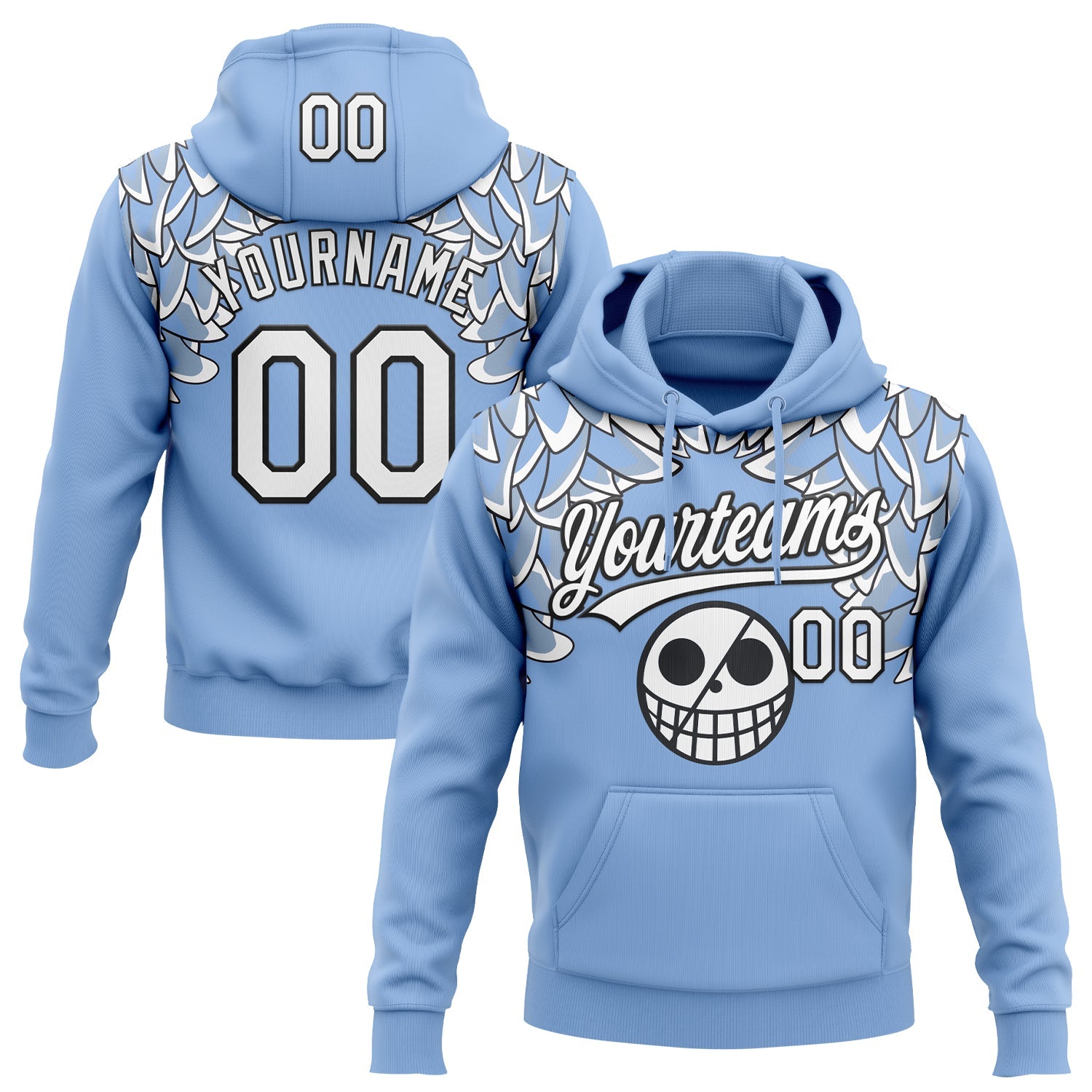 Custom Stitched Light Blue White-Black Skull Pattern Pullover Sweatshirt Hoodie - Main View