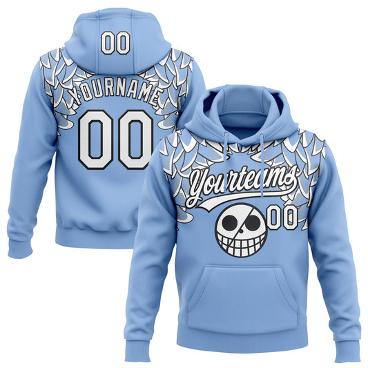 Custom Stitched Light Blue White-Black Skull Pattern Pullover Sweatshirt Hoodie - Main View