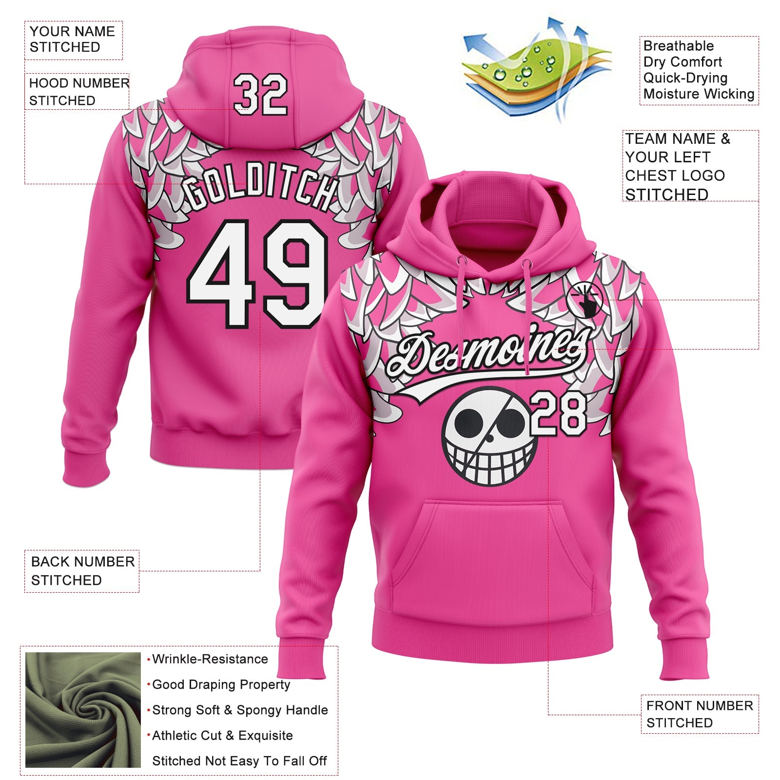 Custom Stitched Pink White-Black Skull Pattern Pullover Sweatshirt Hoodie view 4
