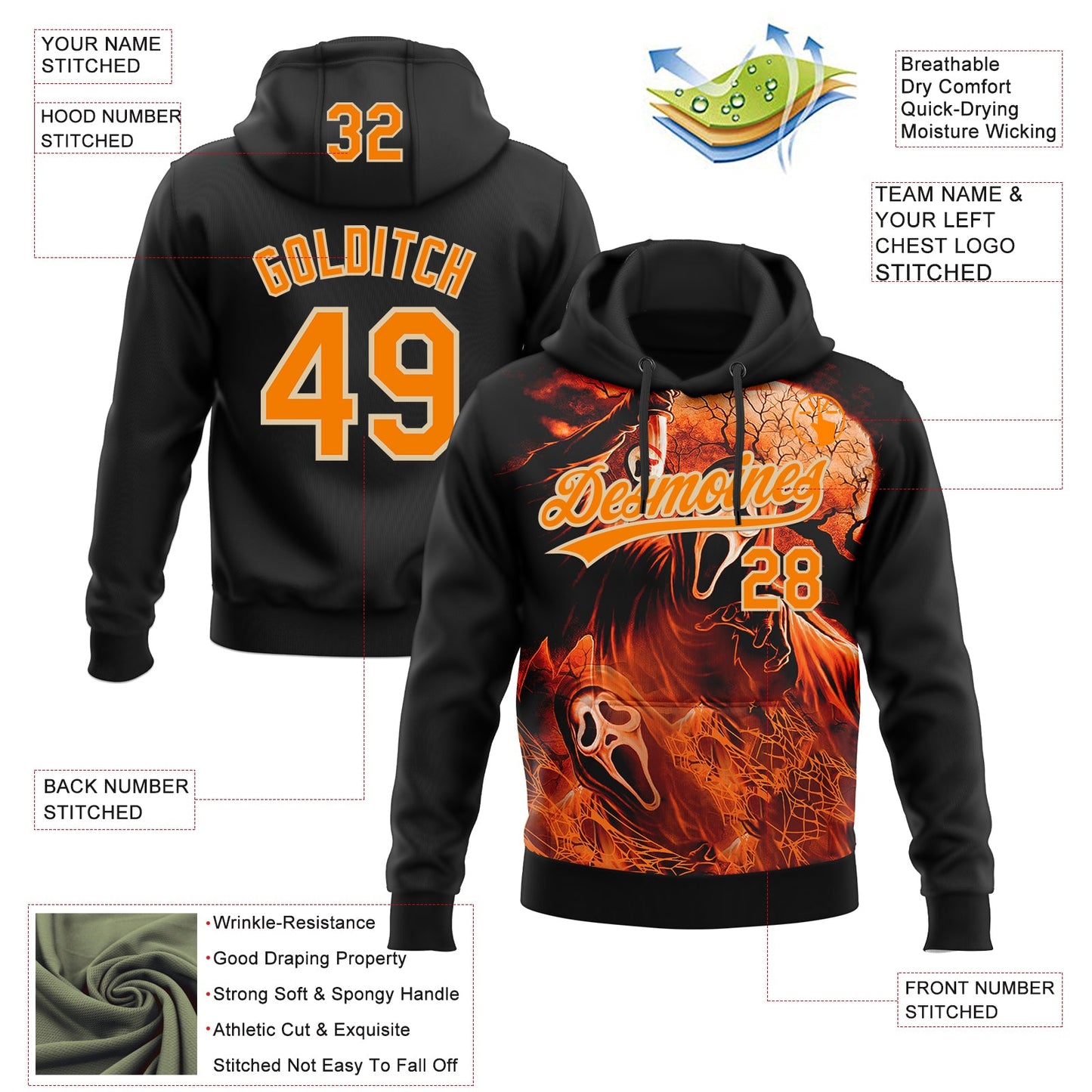 Custom Stitched Black Bay Orange-City Cream Skull Pattern Pullover Sweatshirt Hoodie view 4