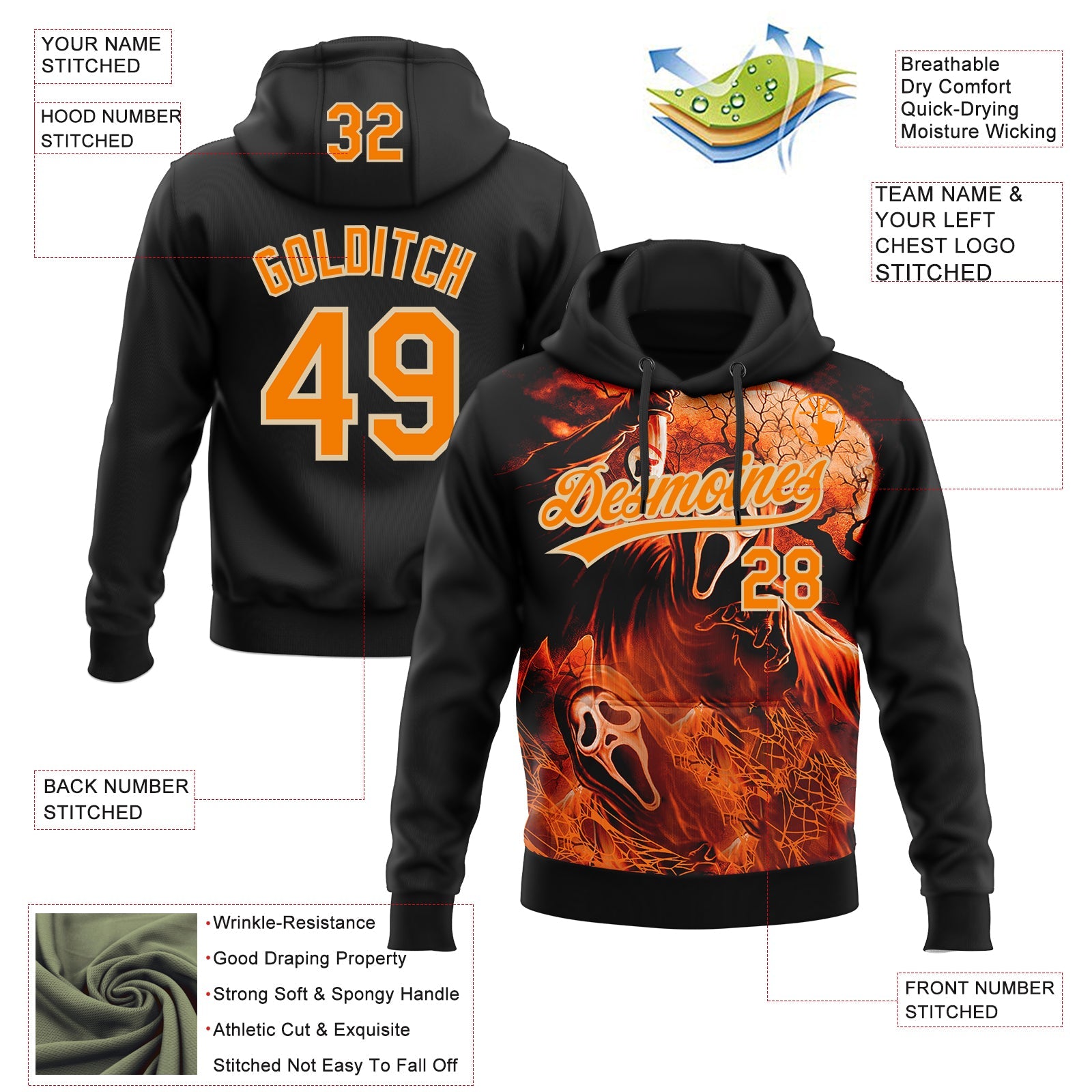 Custom Stitched Black Bay Orange-City Cream Skull Pattern Pullover Sweatshirt Hoodie view 4