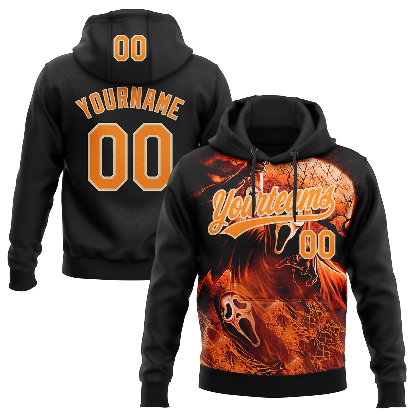 Custom Stitched Black Bay Orange-City Cream Skull Pattern Pullover Sweatshirt Hoodie - Main View