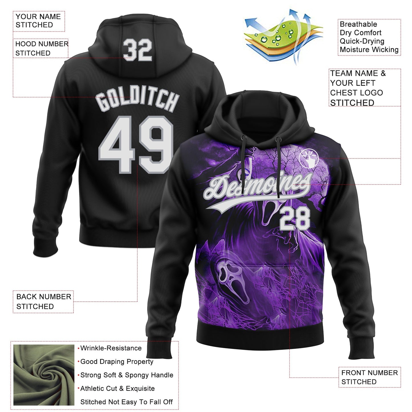Custom Stitched Black White Purple-Gray Skull Pattern Pullover Sweatshirt Hoodie view 4