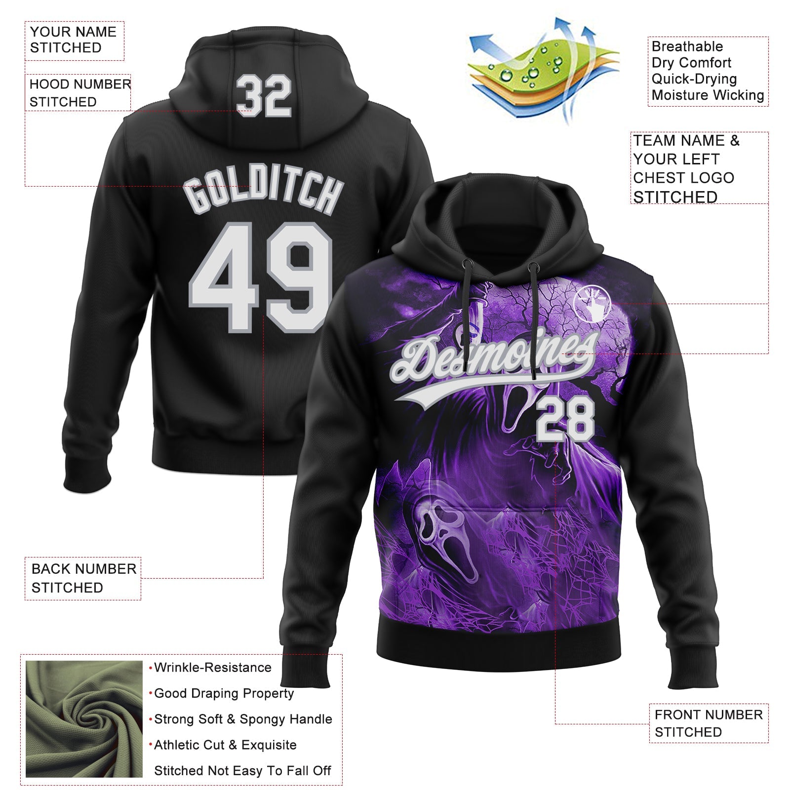 Custom Stitched Black White Purple-Gray Skull Pattern Pullover Sweatshirt Hoodie view 4