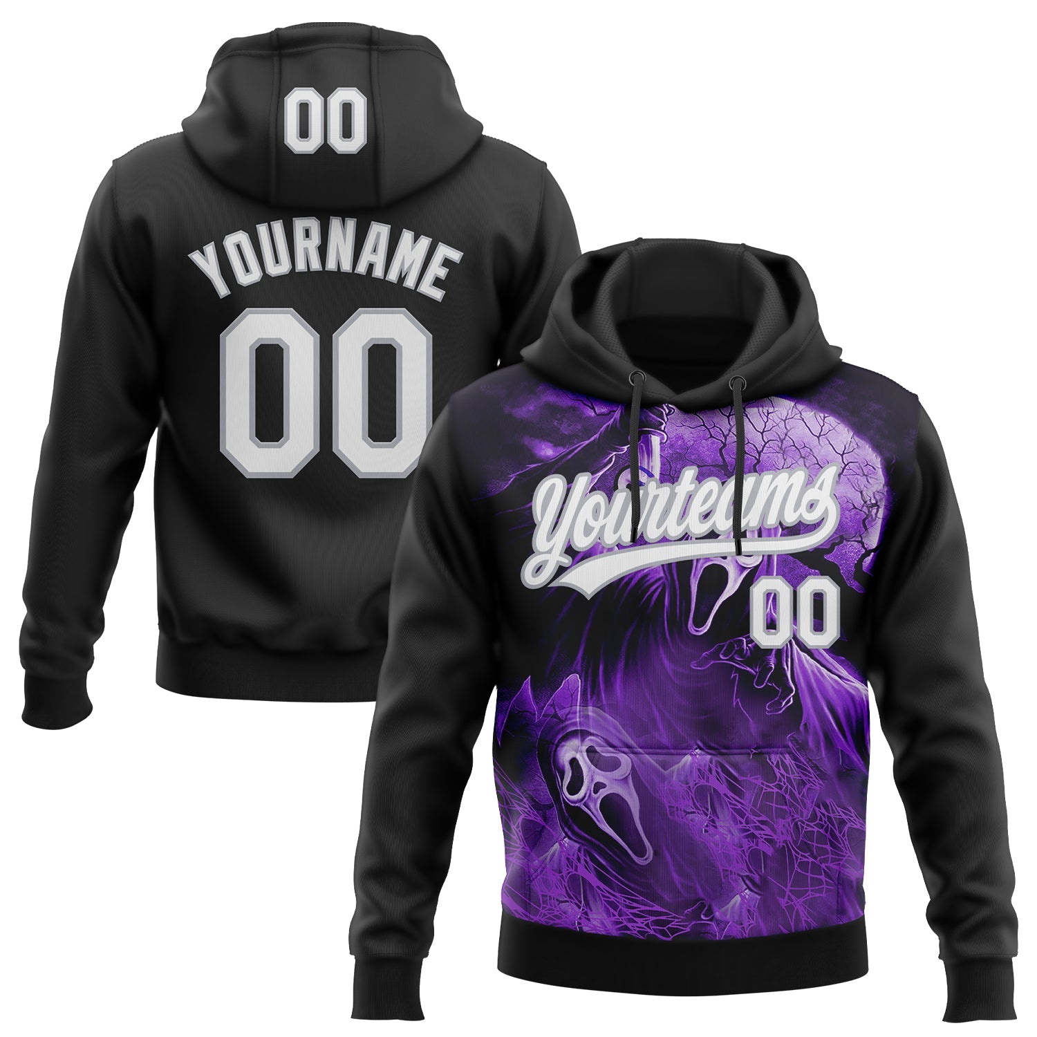 Custom Stitched Black White Purple-Gray Skull Pattern Pullover Sweatshirt Hoodie - Main View