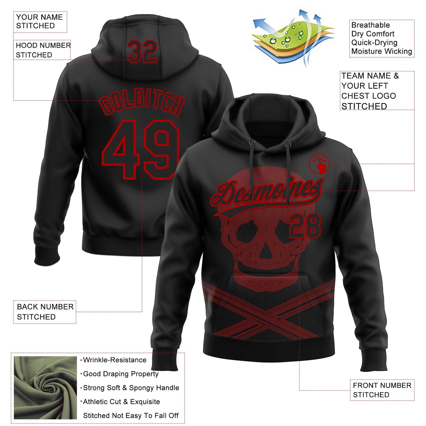 Custom Stitched Black Red Skull Pattern Pullover Sweatshirt Hoodie view 4