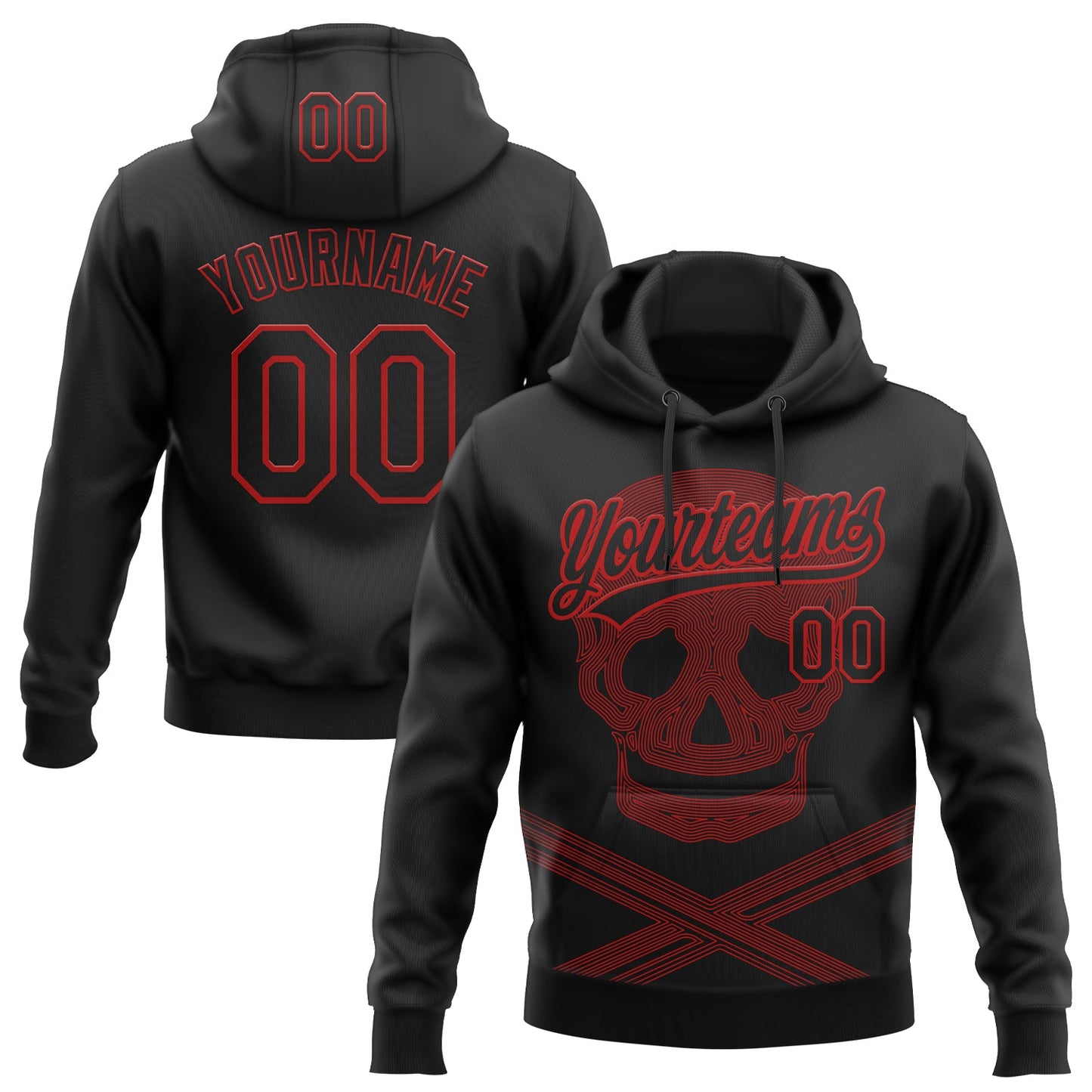 Custom Stitched Black Red Skull Pattern Pullover Sweatshirt Hoodie - Main View