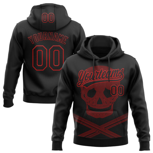 Custom Stitched Black Red Skull Pattern Pullover Sweatshirt Hoodie - Main View