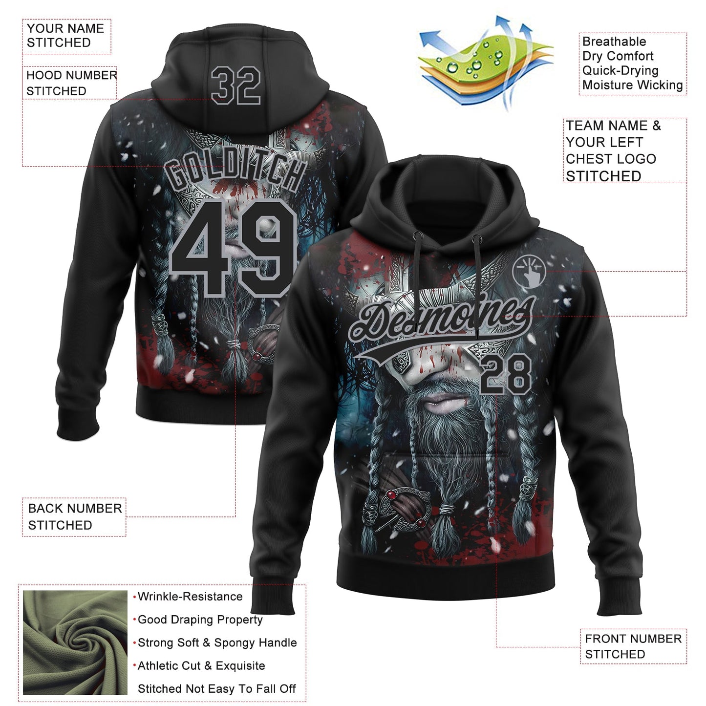 Custom Stitched Black Gray Viking Pattern Pullover Sweatshirt Hoodie view 4