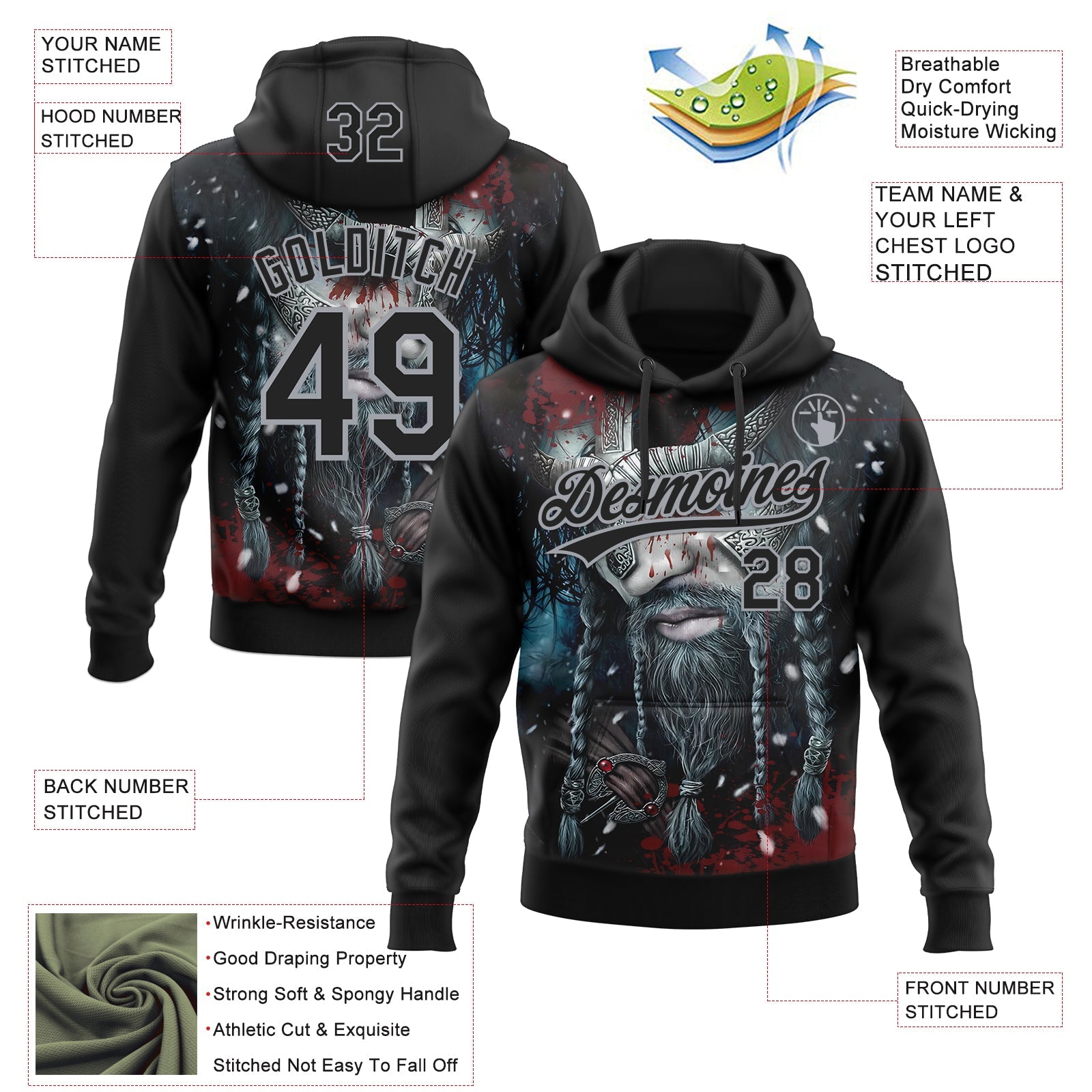 Custom Stitched Black Gray Viking Pattern Pullover Sweatshirt Hoodie view 4