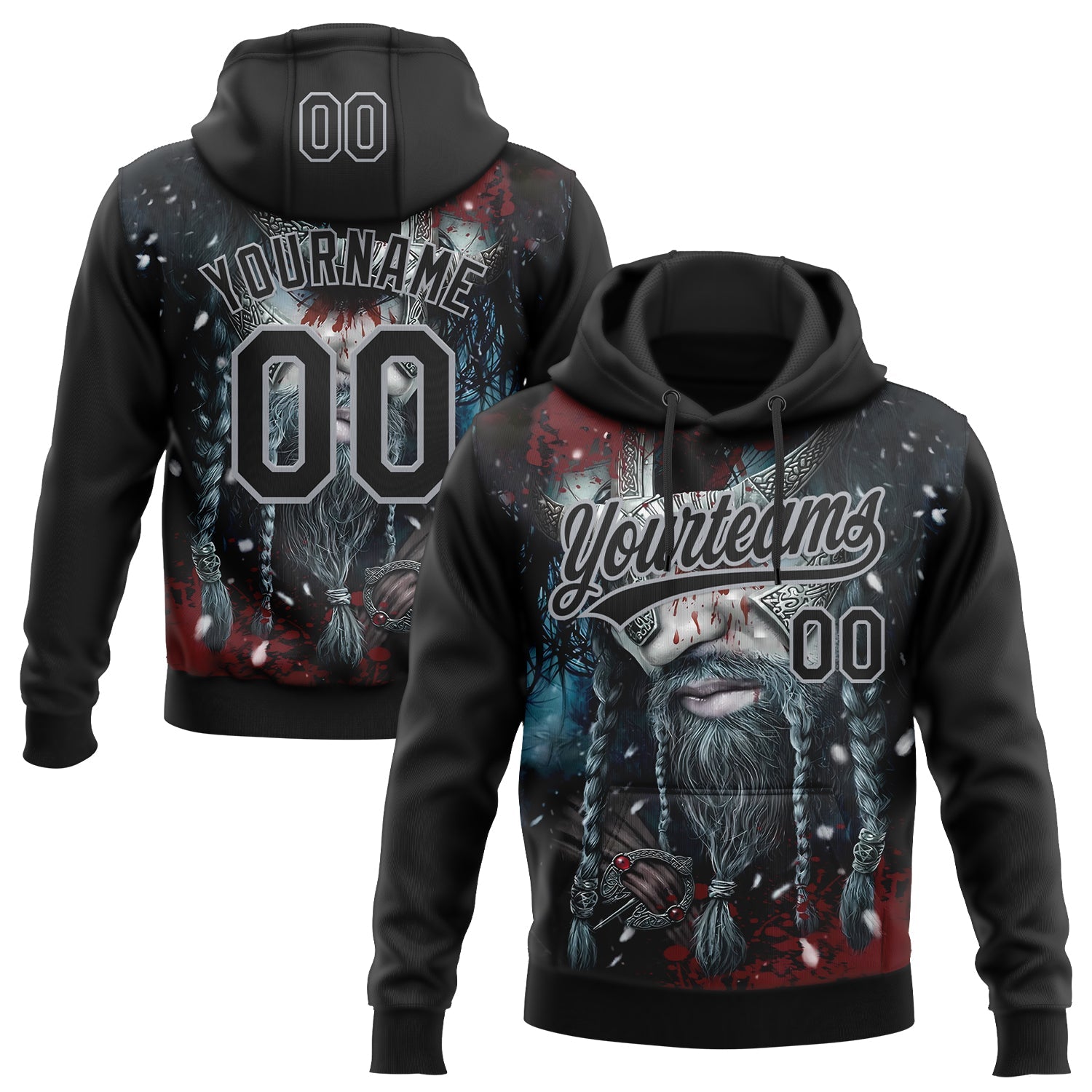 Custom Stitched Black Gray Viking Pattern Pullover Sweatshirt Hoodie - Main View