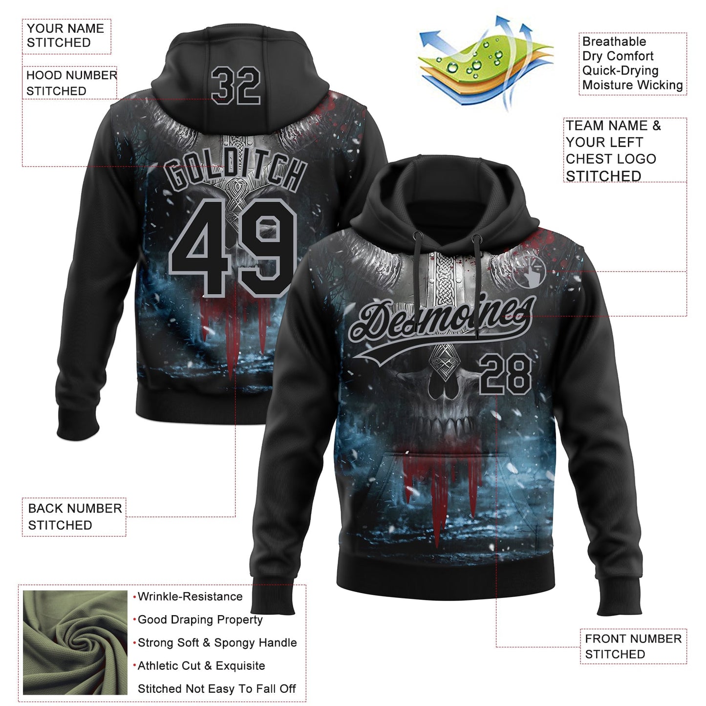 Custom Stitched Black Gray Skull Pattern Pullover Sweatshirt Hoodie view 4