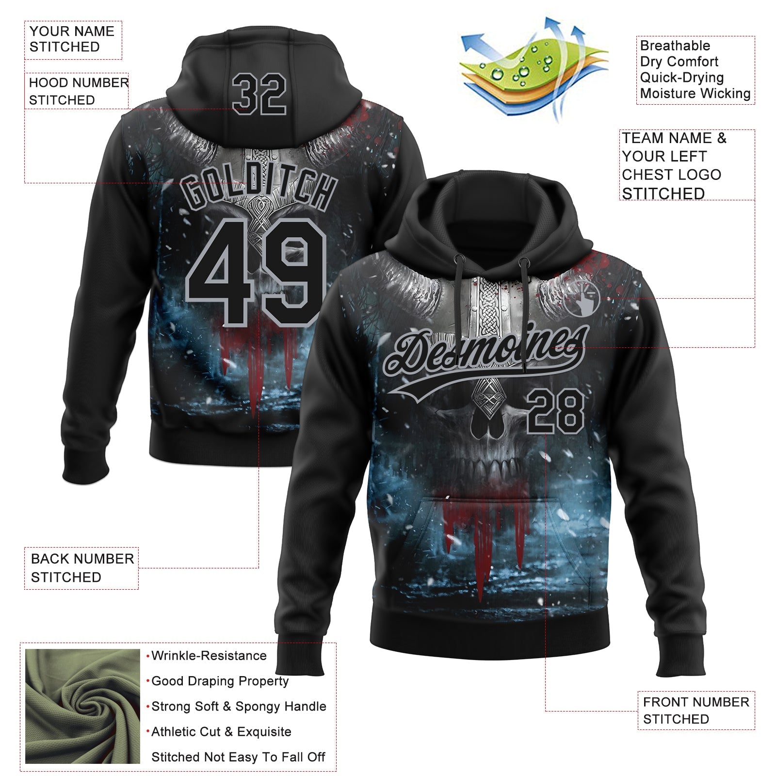 Custom Stitched Black Gray Skull Pattern Pullover Sweatshirt Hoodie view 4