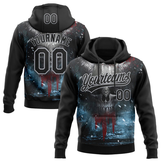 Custom Stitched Black Gray Skull Pattern Pullover Sweatshirt Hoodie - Main View