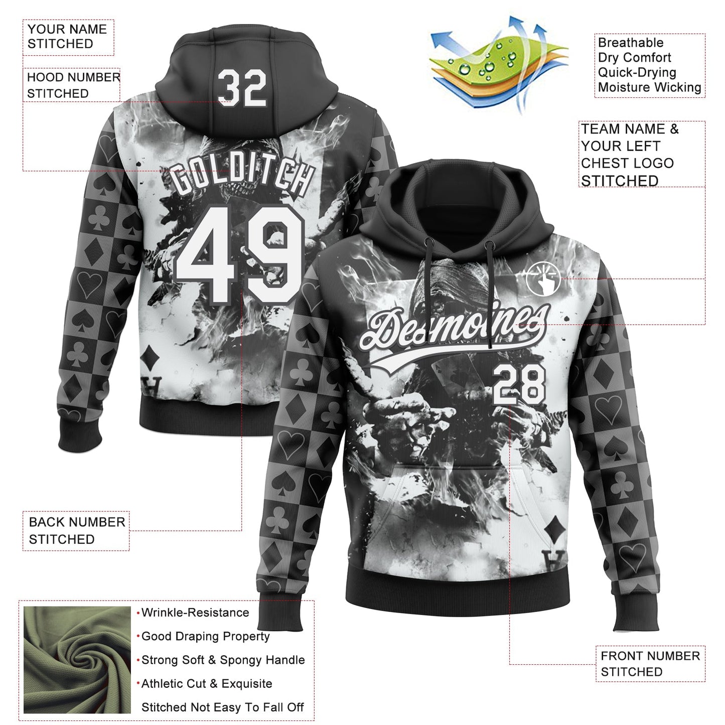 Custom Stitched Black White-Steel Gray Skull Poker Pattern Pullover Sweatshirt Hoodie view 4