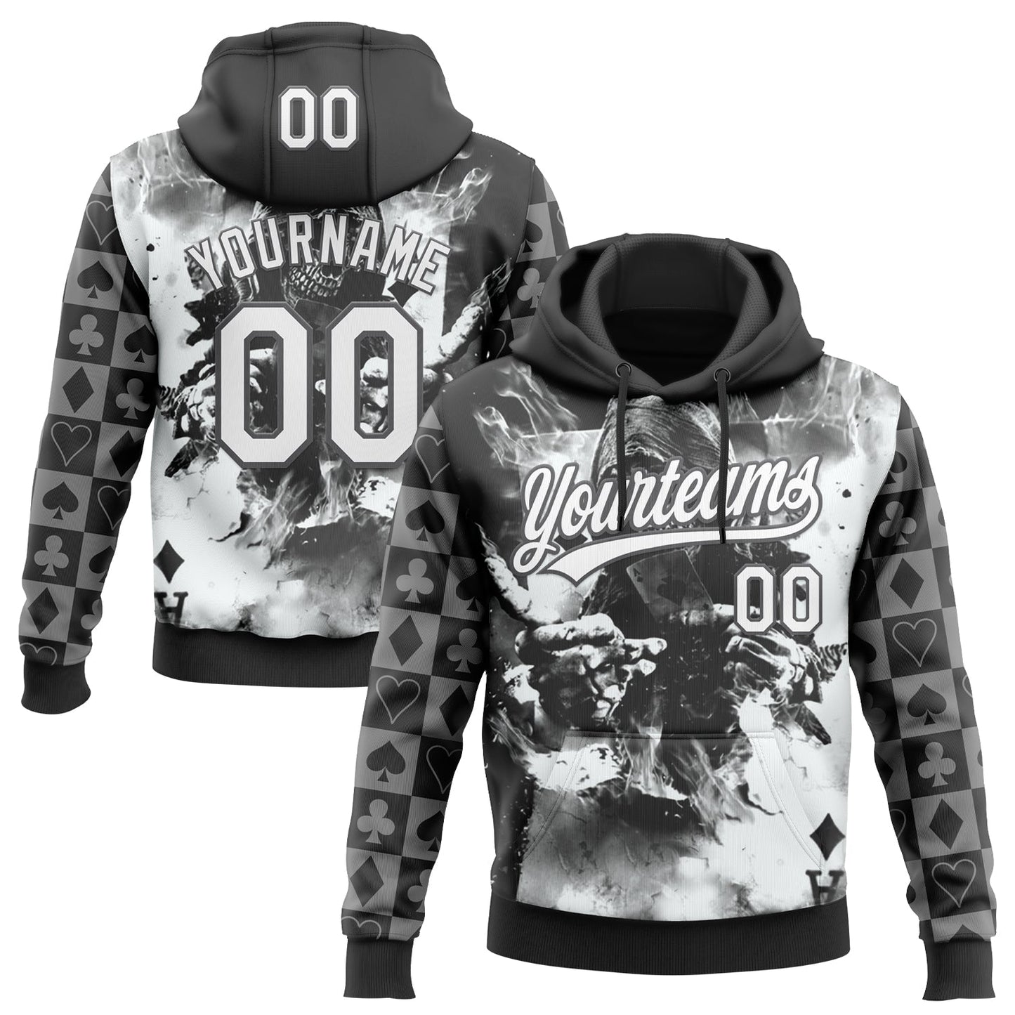 Custom Stitched Black White-Steel Gray Skull Poker Pattern Pullover Sweatshirt Hoodie - Main View