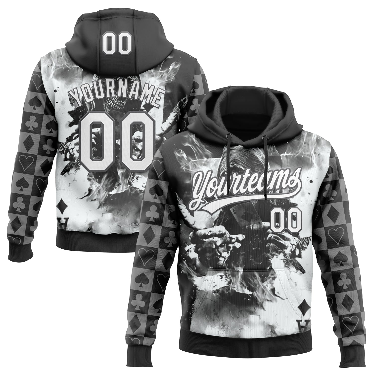 Custom Stitched Black White-Steel Gray Skull Poker Pattern Pullover Sweatshirt Hoodie - Main View