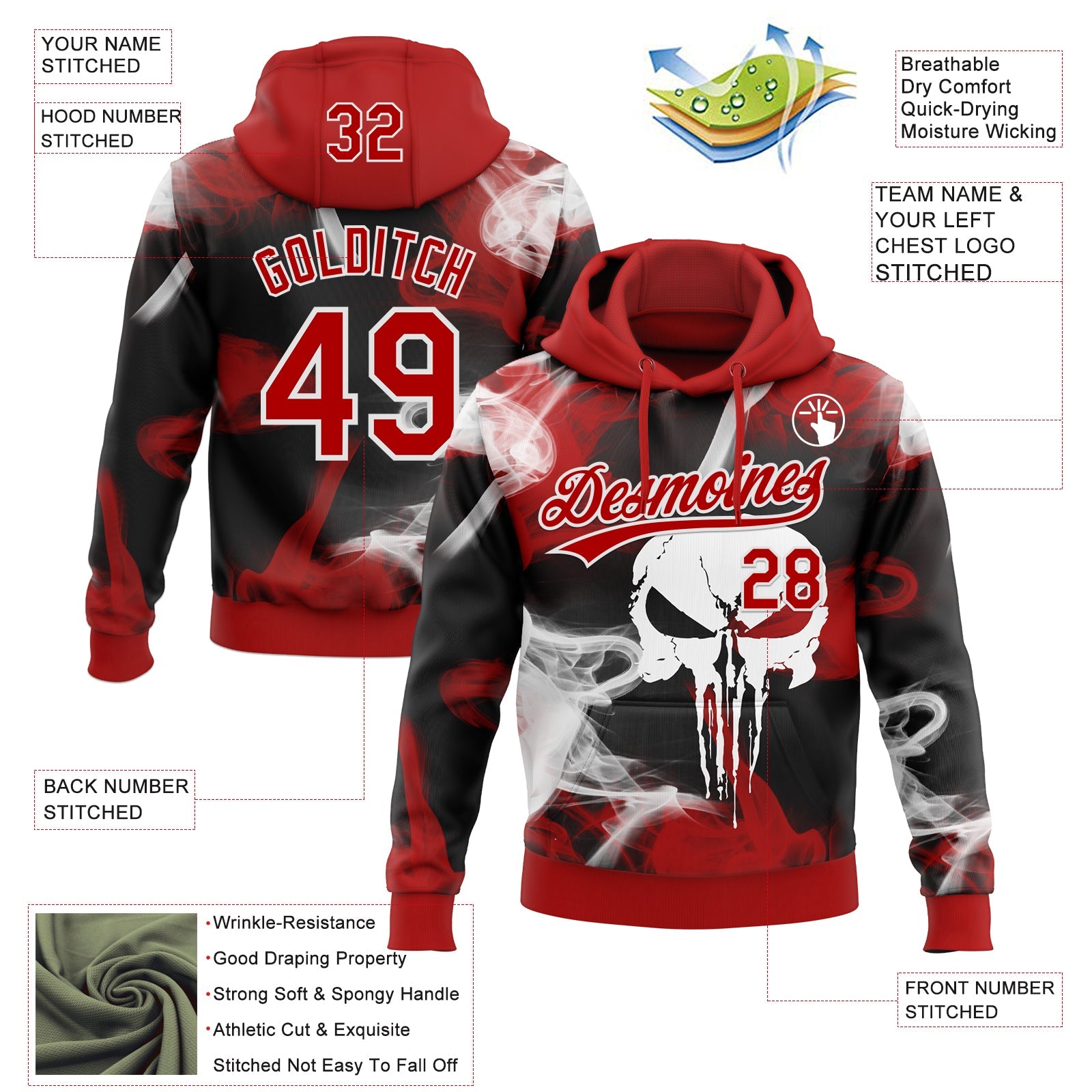 Custom Stitched Red Black-White Skull Pattern Pullover Sweatshirt Hoodie view 4