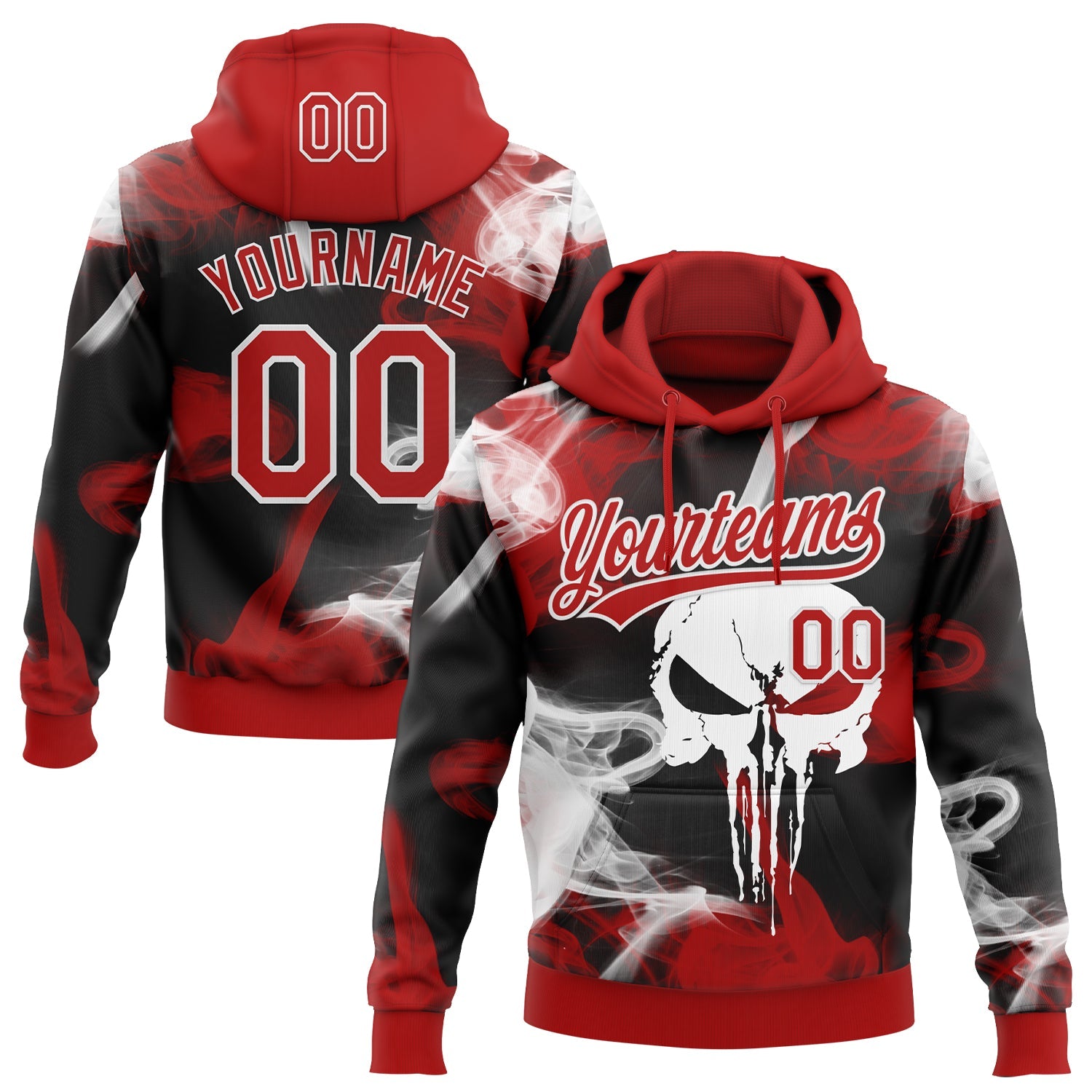 Custom Stitched Red Black-White Skull Pattern Pullover Sweatshirt Hoodie - Main View