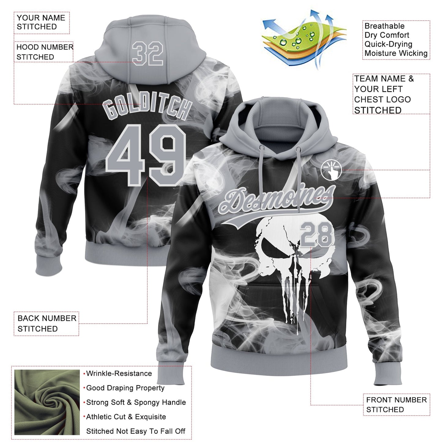 Custom Stitched Gray Black-White Skull Pattern Pullover Sweatshirt Hoodie view 4