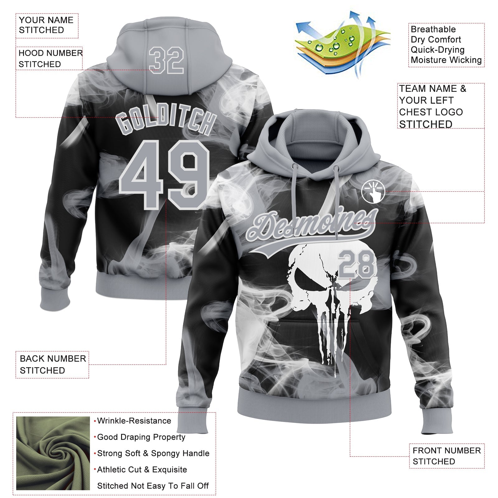 Custom Stitched Gray Black-White Skull Pattern Pullover Sweatshirt Hoodie view 4