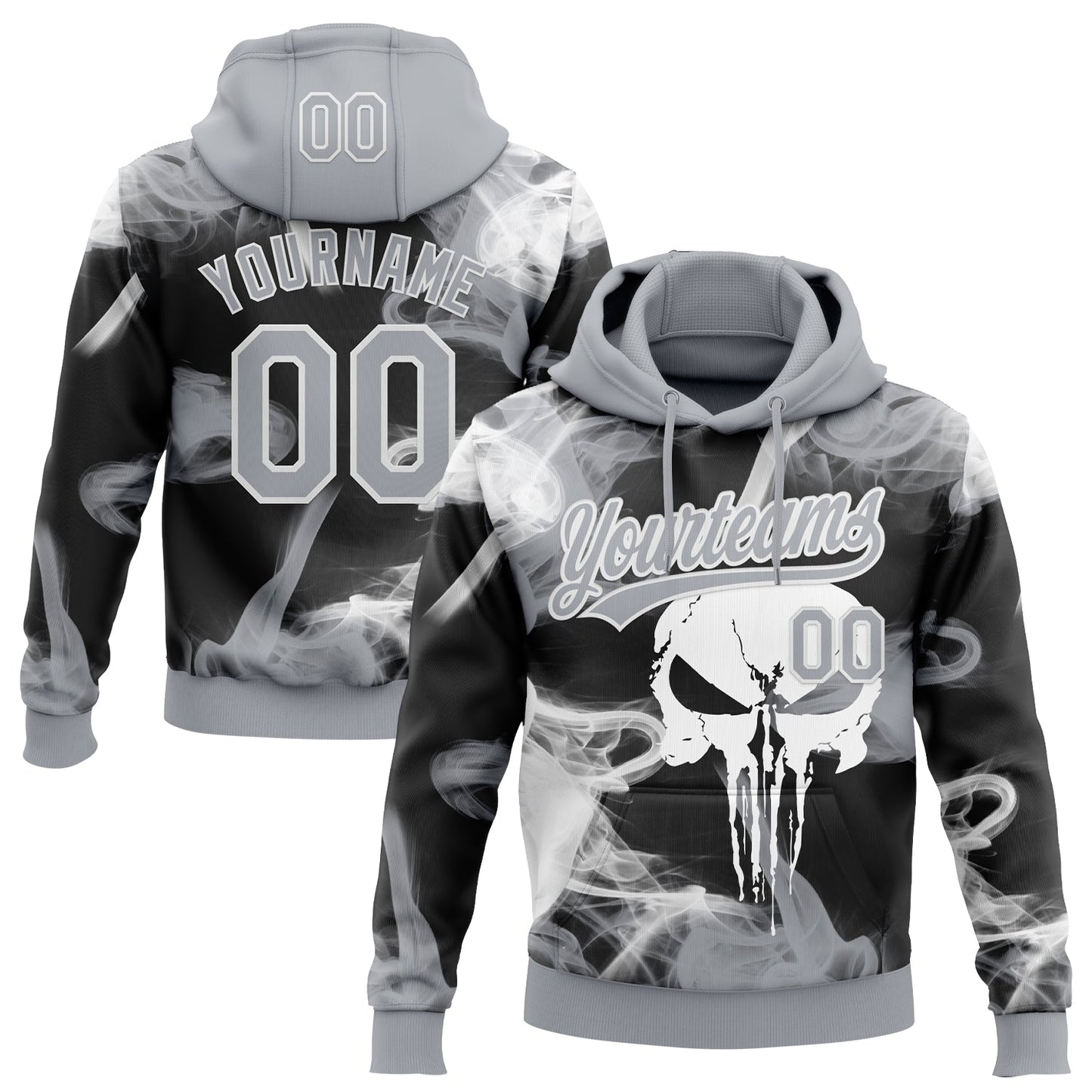 Custom Stitched Gray Black-White Skull Pattern Pullover Sweatshirt Hoodie - Main View