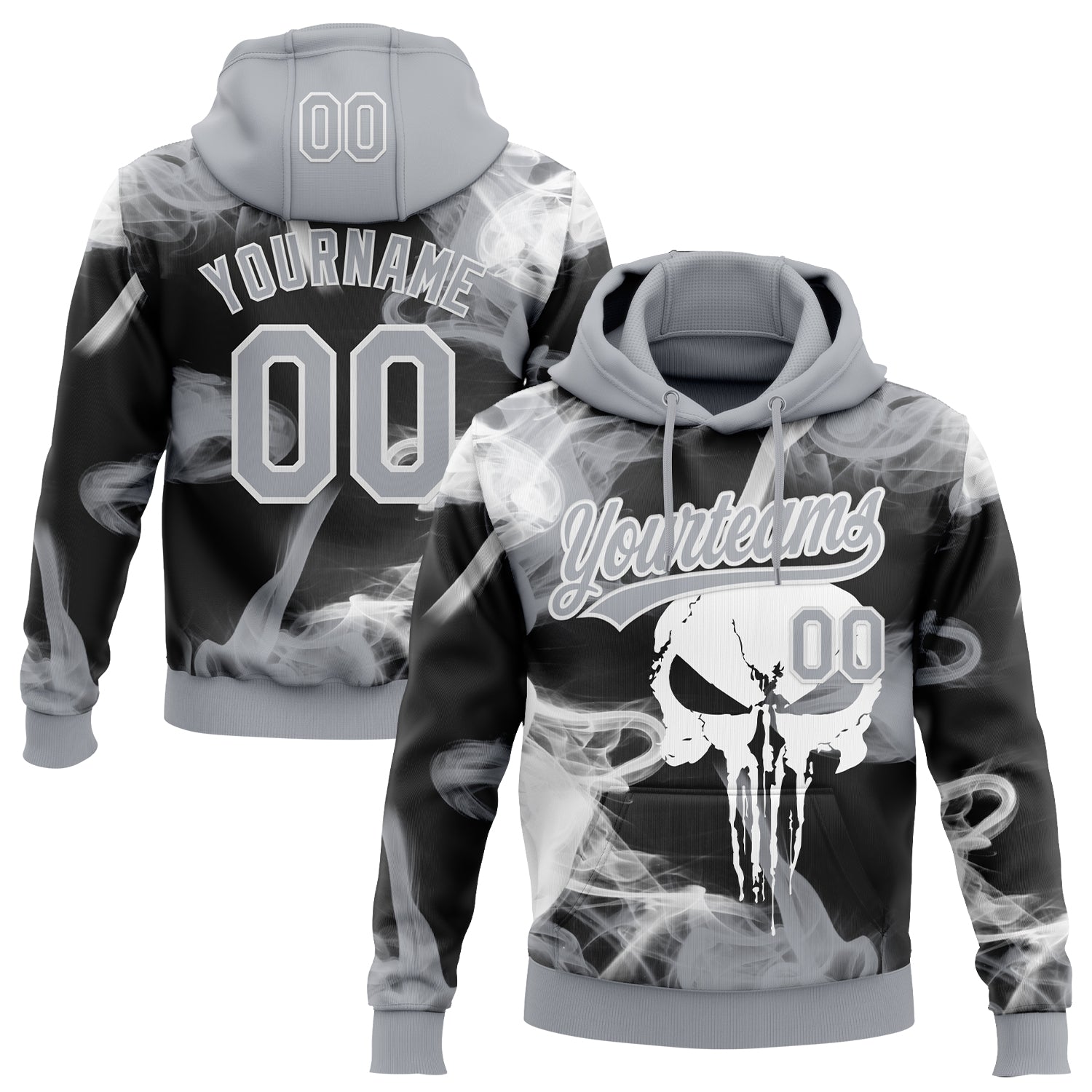 Custom Stitched Gray Black-White Skull Pattern Pullover Sweatshirt Hoodie - Main View