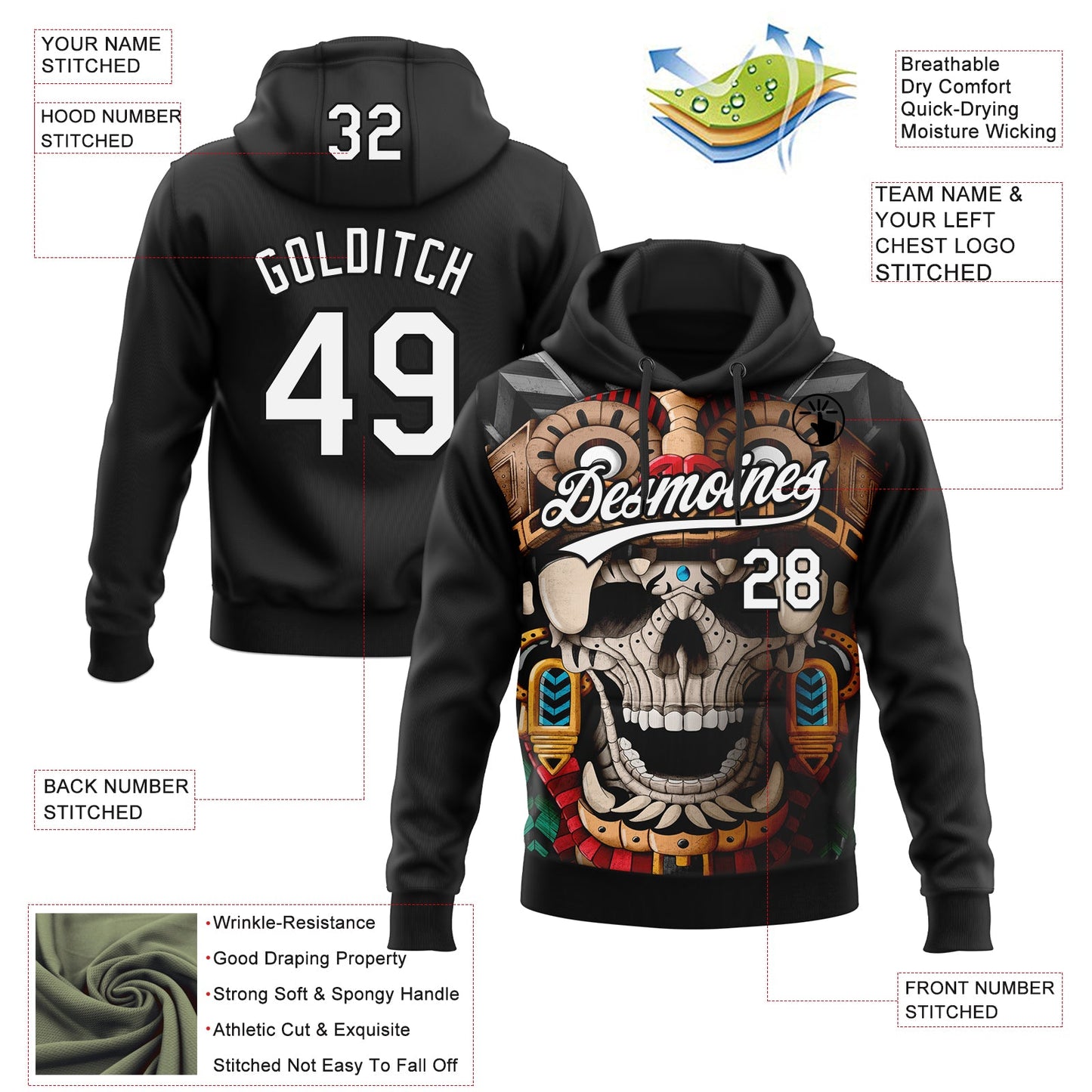 Custom Stitched Black White Skull Pattern Pullover Sweatshirt Hoodie view 4