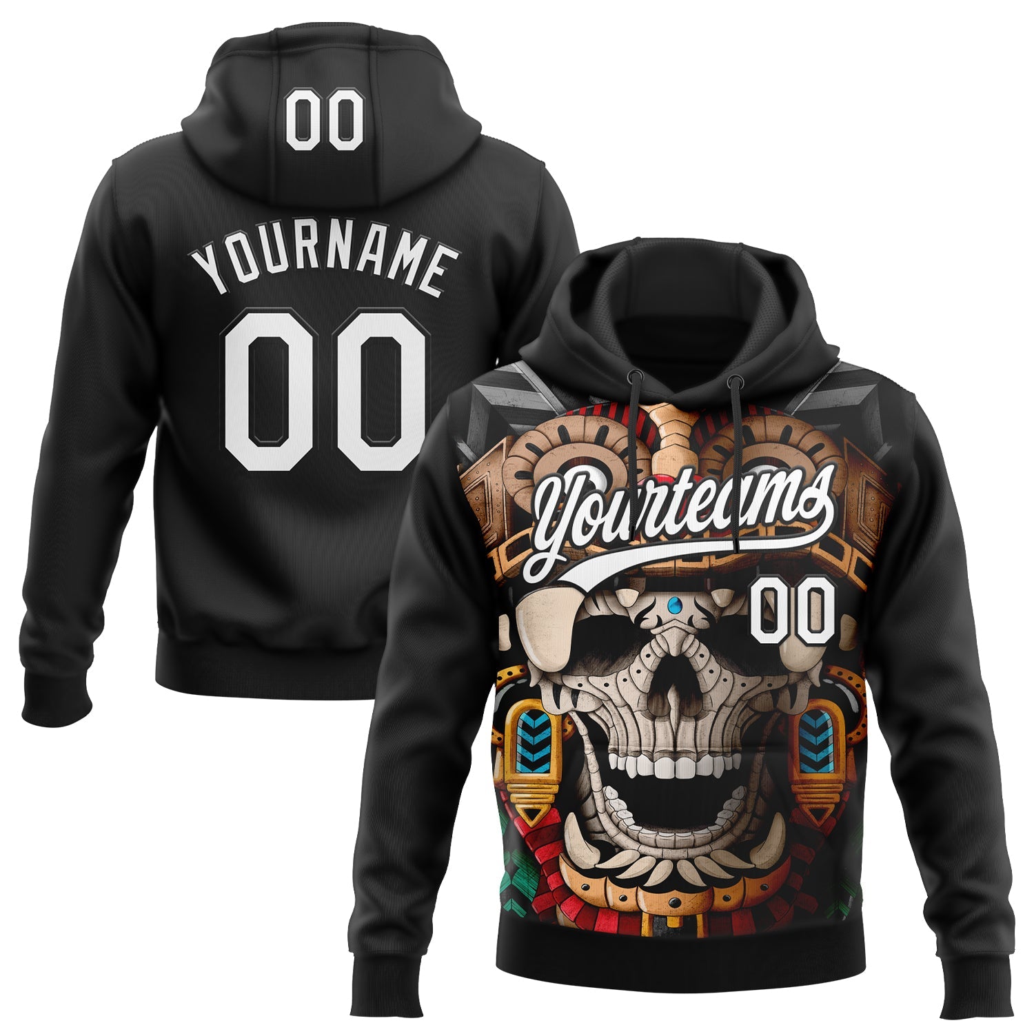 Custom Stitched Black White Skull Pattern Pullover Sweatshirt Hoodie - Main View