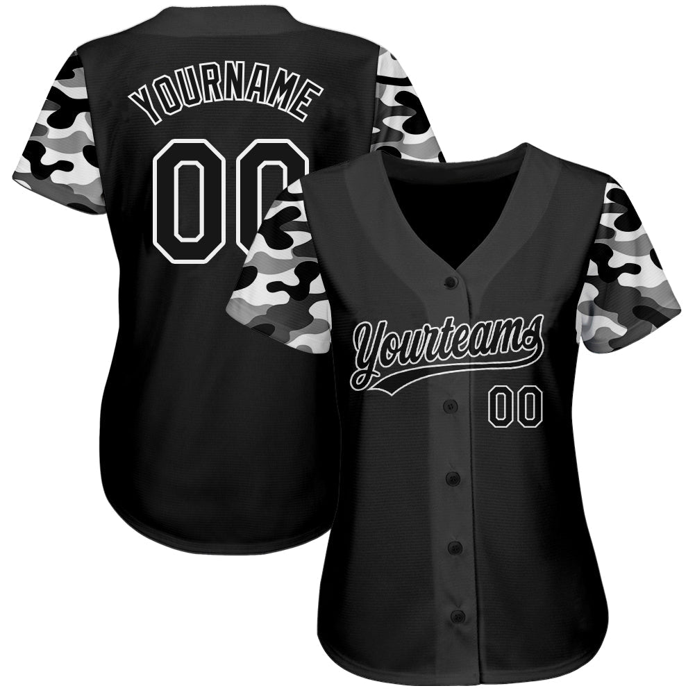 Custom Black Black-Camo 3D Pattern Design Authentic Baseball Jersey view 2