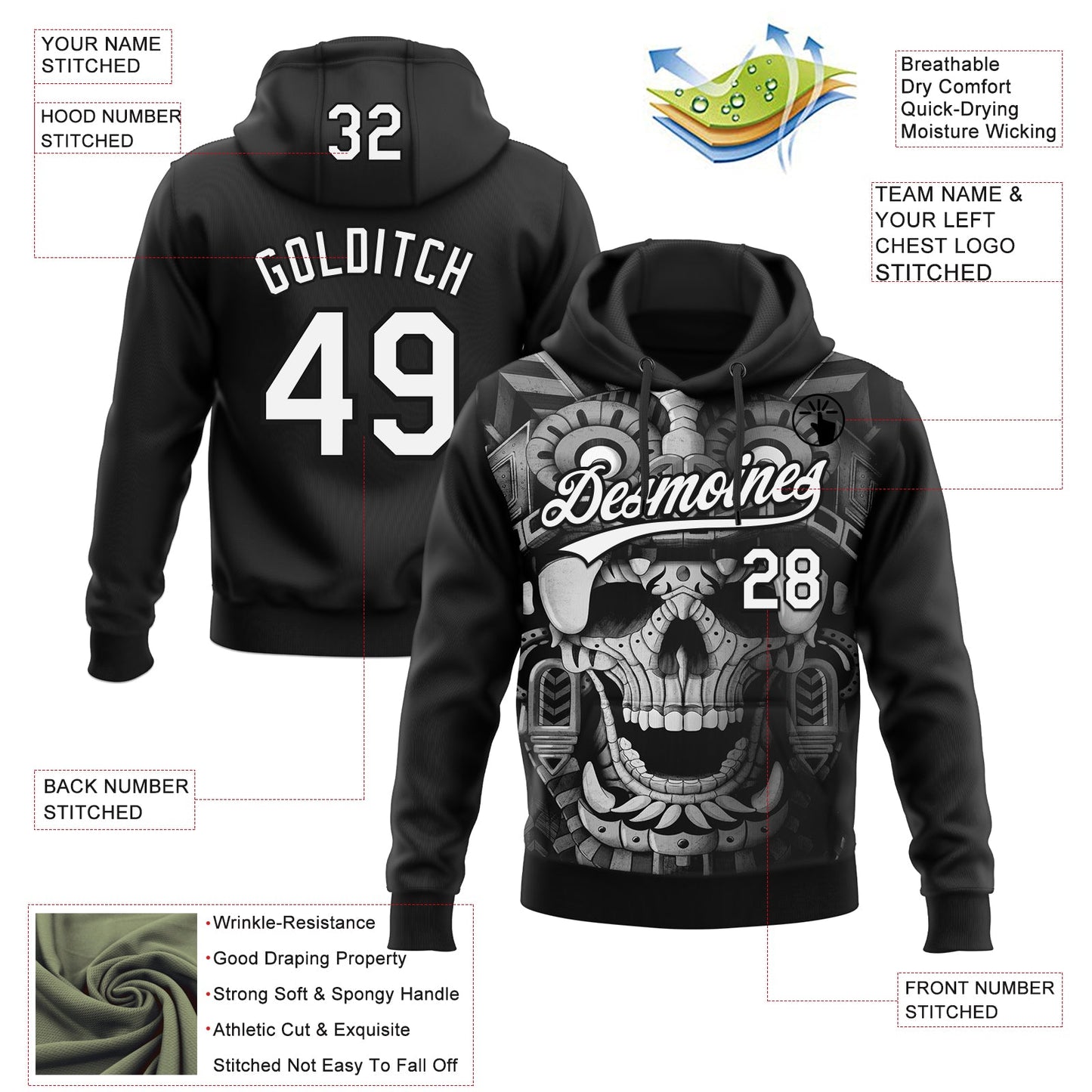 Custom Stitched Black White Skull Pattern Pullover Sweatshirt Hoodie view 4