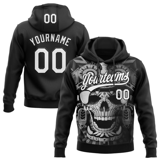 Custom Stitched Black White Skull Pattern Pullover Sweatshirt Hoodie - Main View