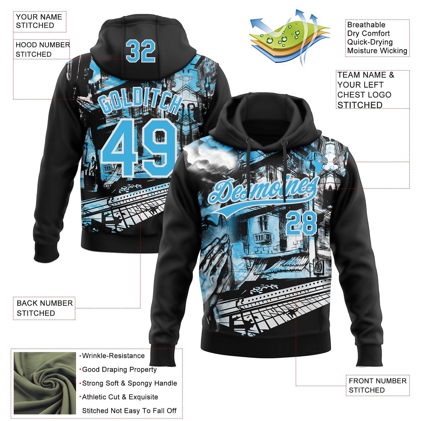 Custom Stitched Black Sky Blue-White Religion Praying Hands Pullover Sweatshirt Hoodie view 4
