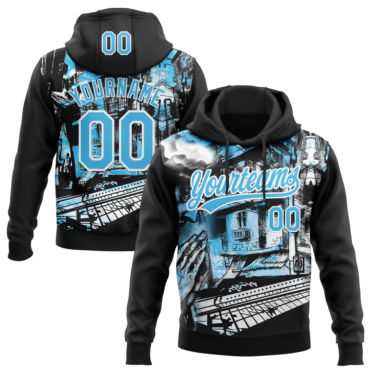Custom Stitched Black Sky Blue-White Religion Praying Hands Pullover Sweatshirt Hoodie - Main View