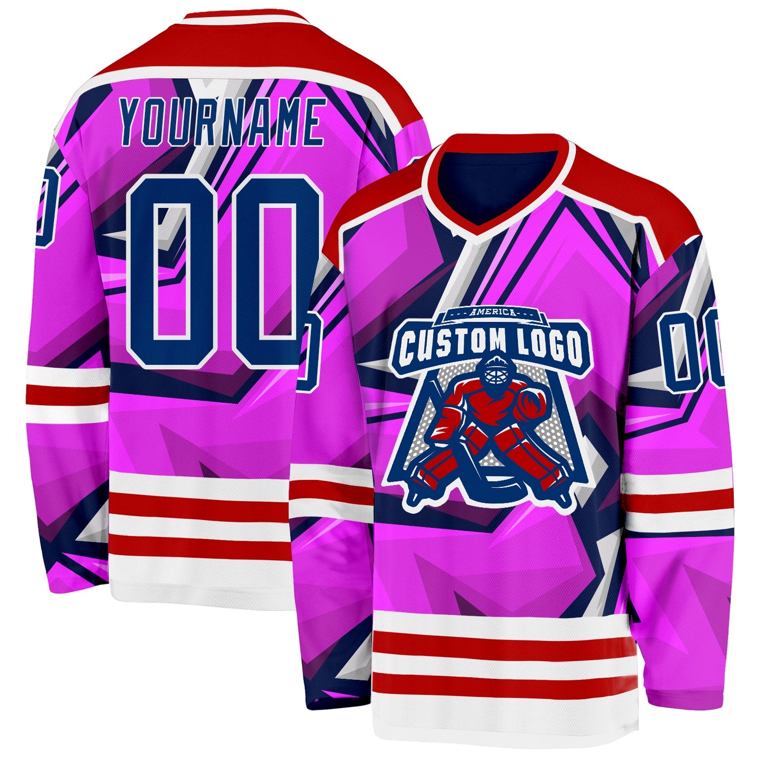 Custom Purple US Navy Blue Red-White Cyber Mecha E-sport Hockey Jersey view 2