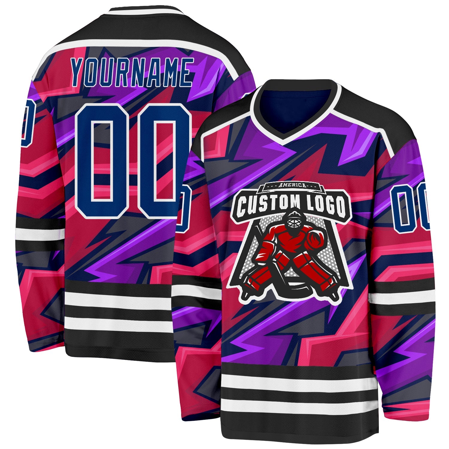 Custom Black US Navy Blue Purple Pink-White Cyber Mecha E-sport Hockey Jersey view 2