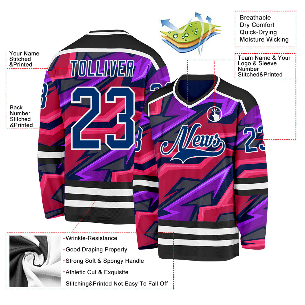 Custom Black US Navy Blue Purple Pink-White Cyber Mecha E-sport Hockey Jersey view 5