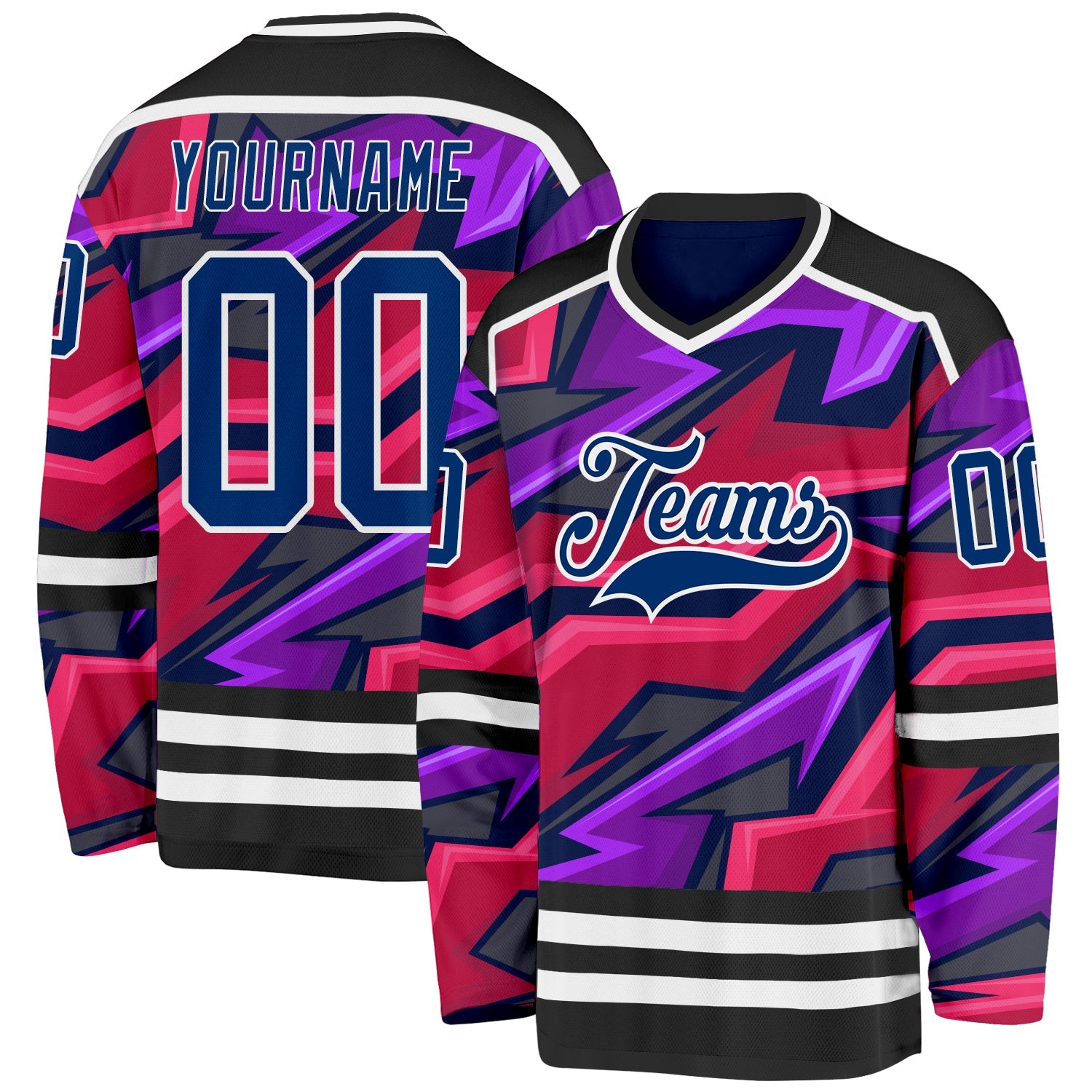 Custom Black US Navy Blue Purple Pink-White Cyber Mecha E-sport Hockey Jersey - Main View
